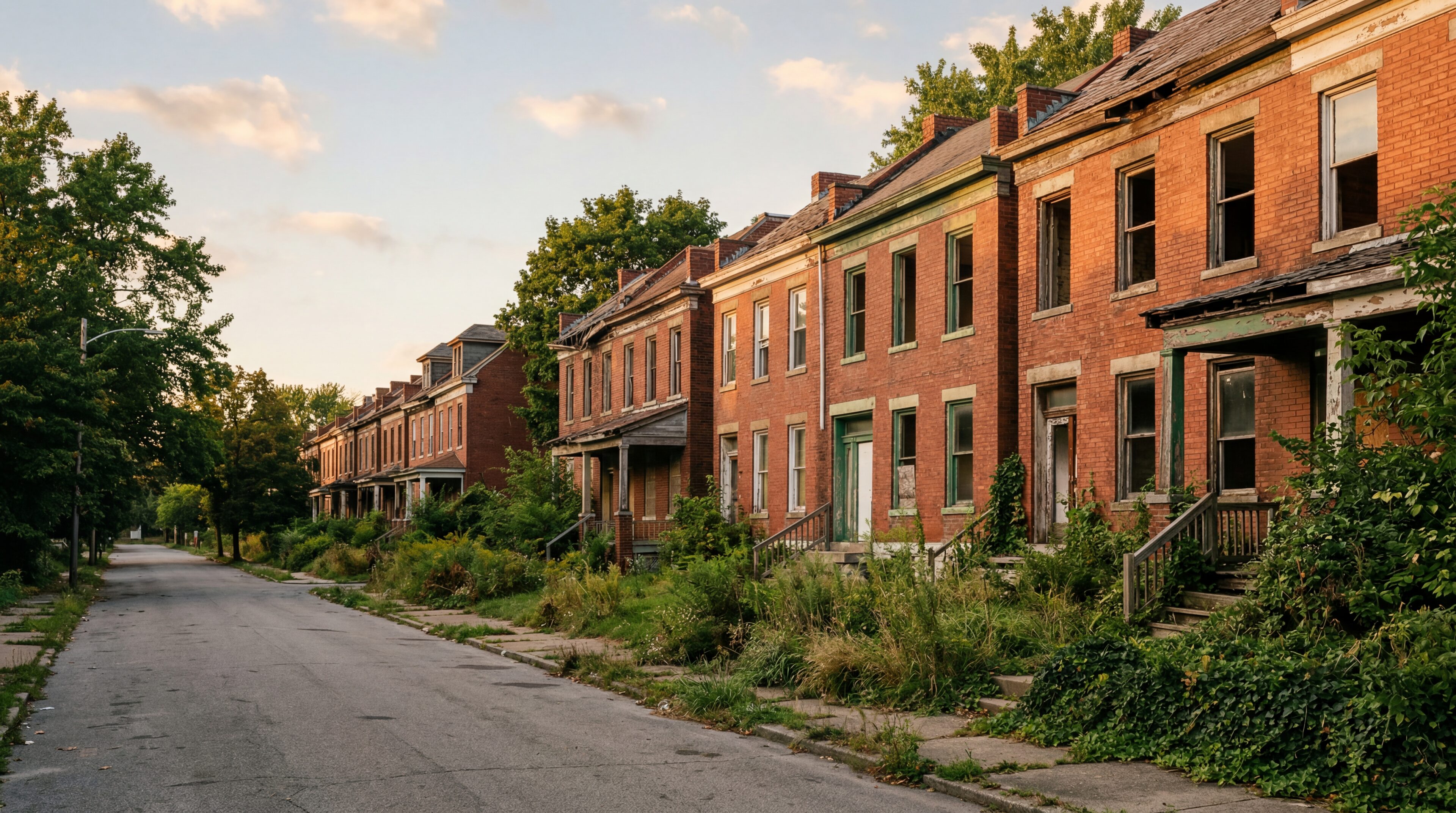 Rows of abandoned brick row houses on a quiet street in Youngstown Ohio, overgrown yards, faded paint, no people visible