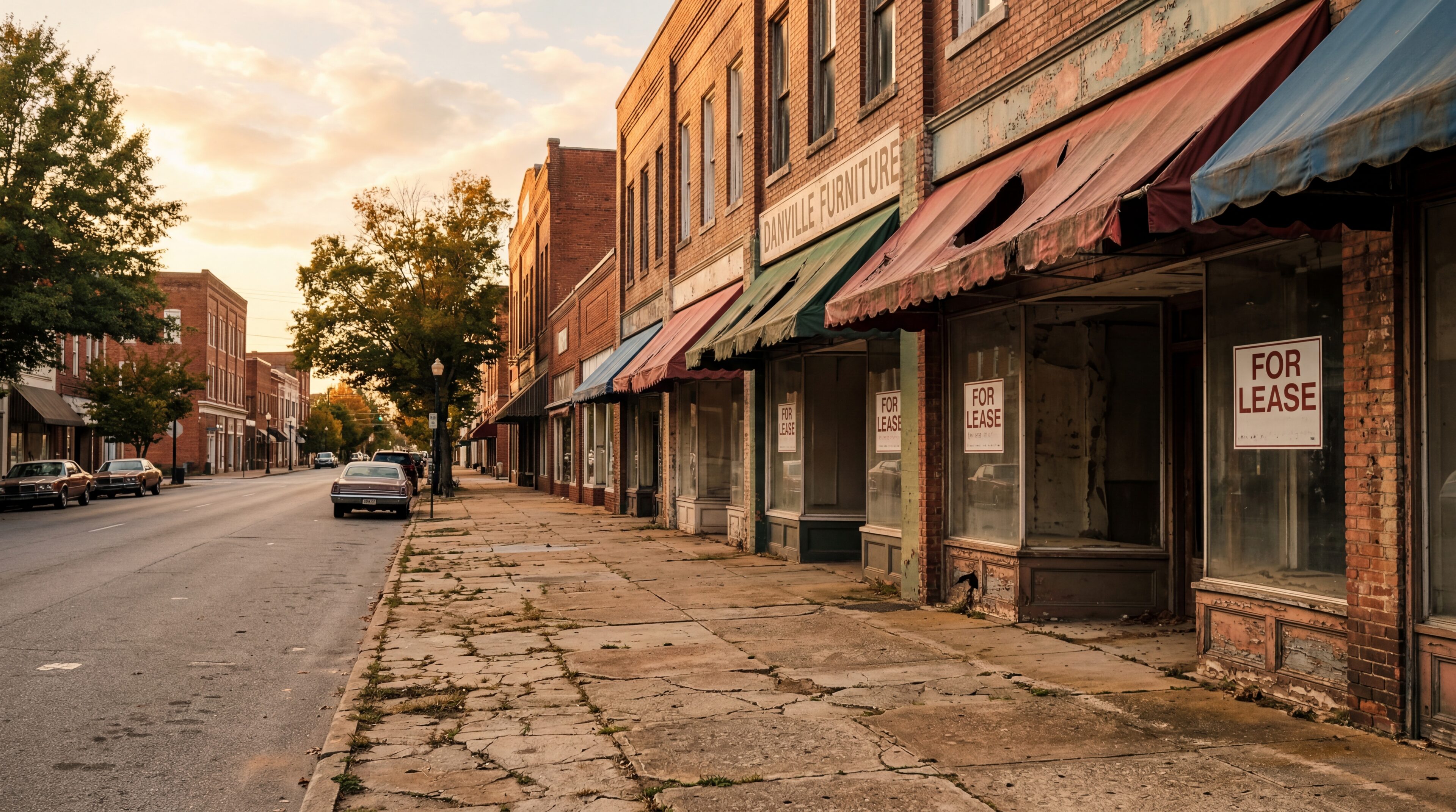 Empty downtown storefronts on a quiet main street in Danville Virginia, faded awnings, cracked sidewalk, afternoon light
