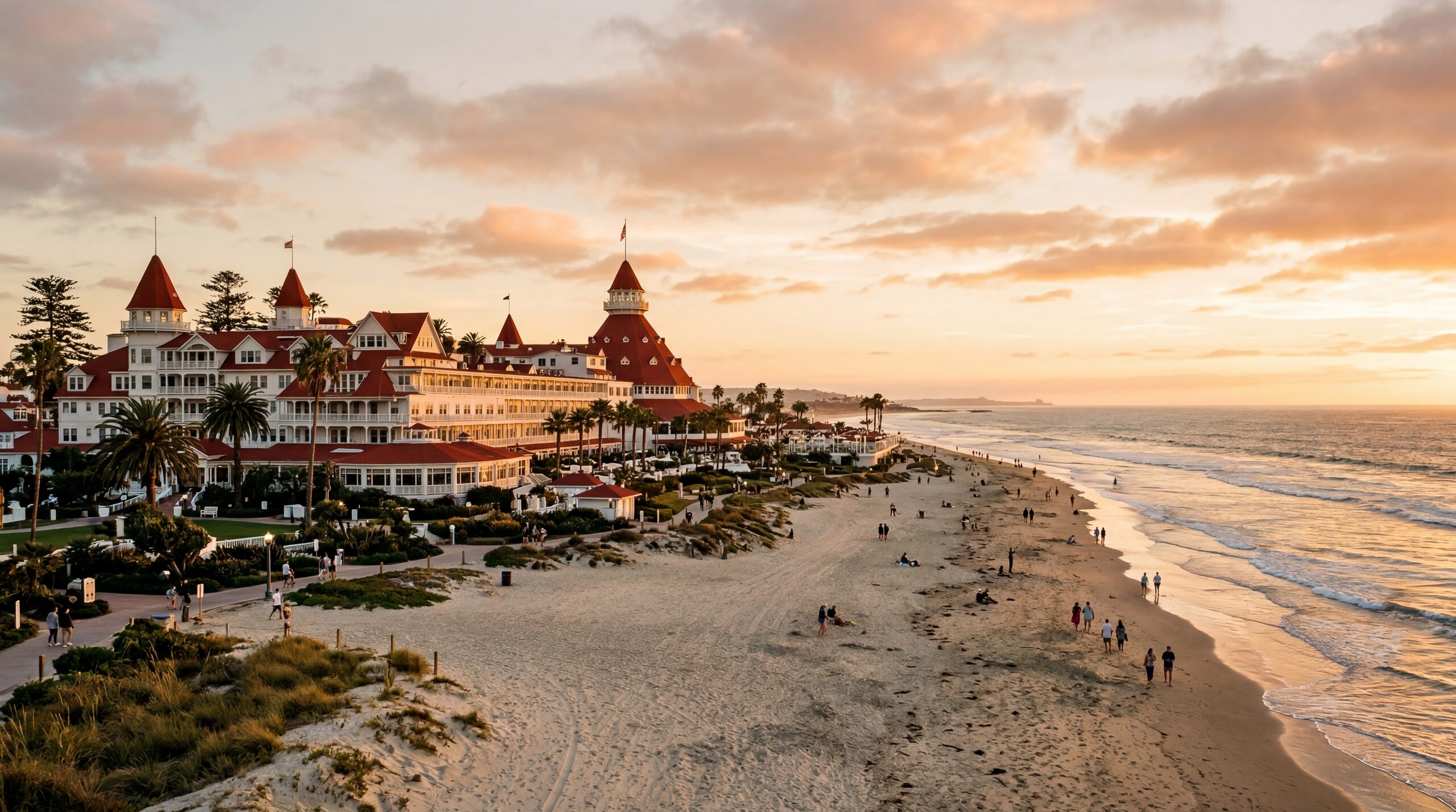 Iconic red-roofed Victorian beachfront hotel in Coronado California with ocean views, warm editorial travel photography, golden hour, photorealistic, no text, no watermark, 16:9