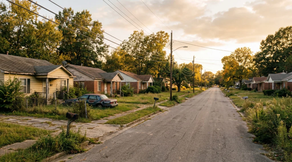 Deserted residential street in Pine Bluff Arkansas, modest homes with overgrown lawns, faded facades, quiet afternoon