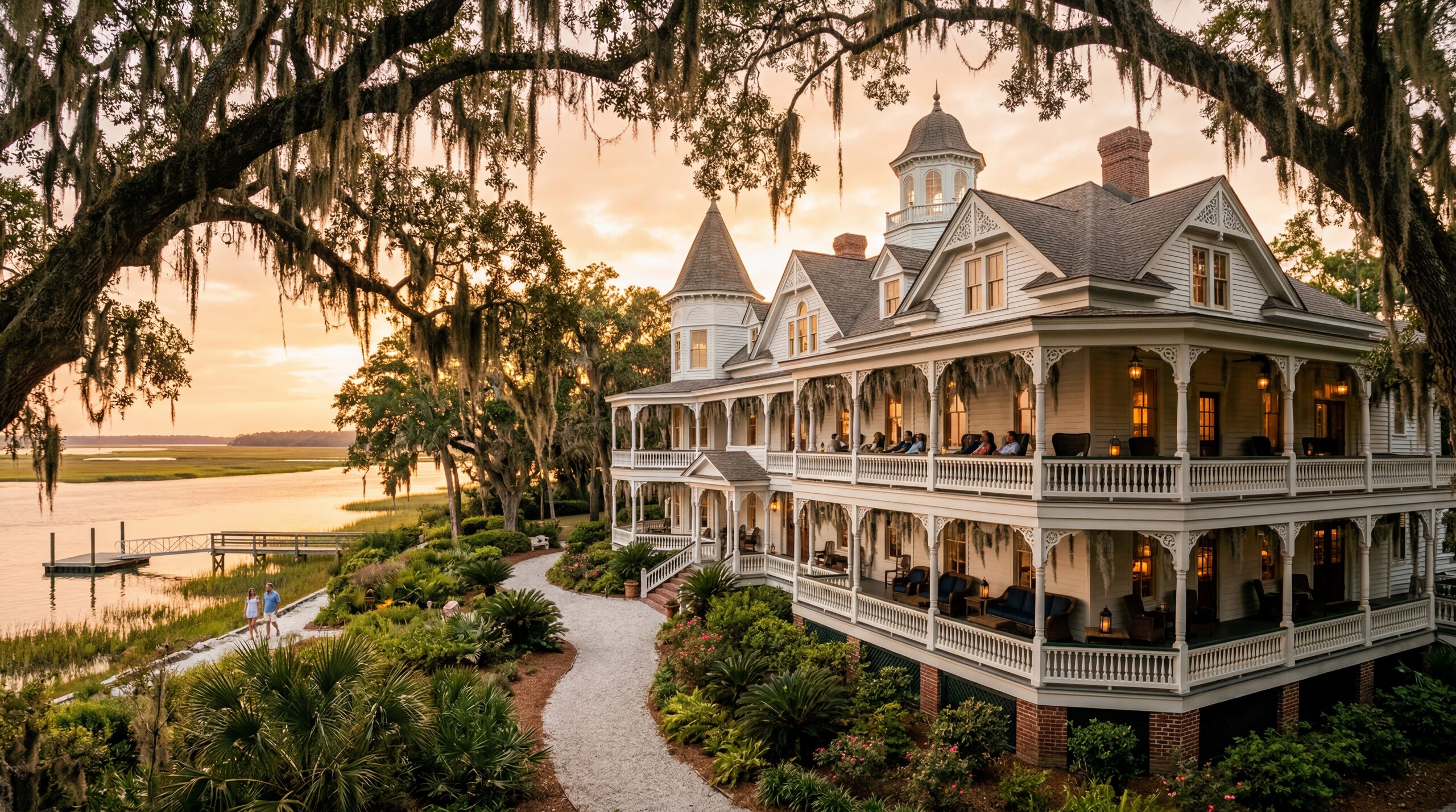 Stately Victorian resort hotel with wide porches and Spanish moss draped oak trees in coastal Georgia, warm editorial travel photography, golden hour, photorealistic, no text, no watermark, 16:9