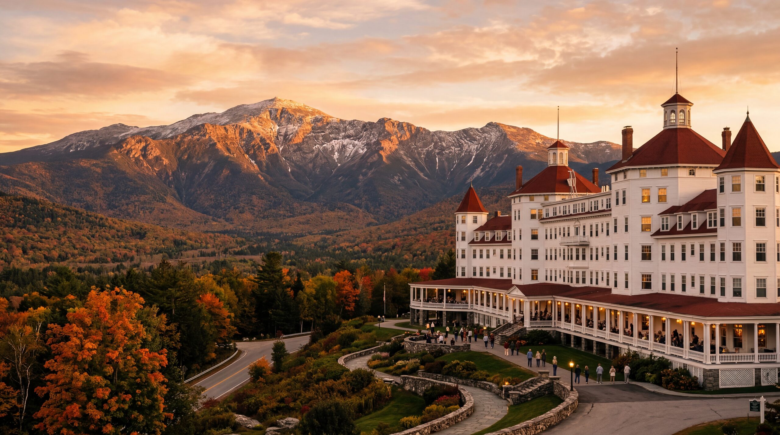 Grand white mountain resort hotel with a dramatic view of Mount Washington in New Hampshire, warm editorial travel photography, golden hour, photorealistic, no text, no watermark, 16:9