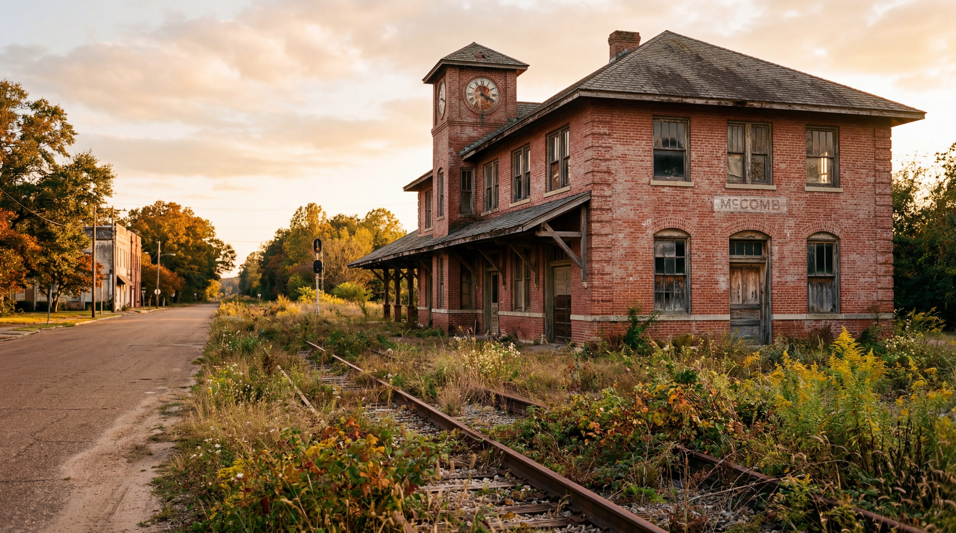 Old railroad depot building in McComb Mississippi, overgrown tracks, faded brick exterior, quiet street outside