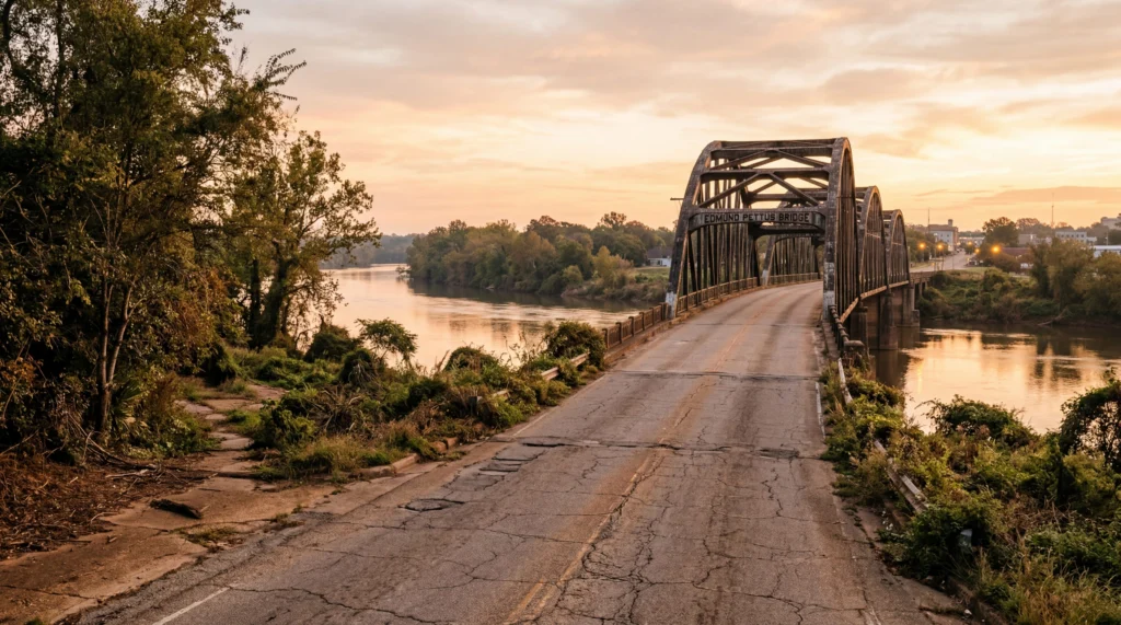Historic bridge over a river in Selma Alabama, cracked road surface, overgrown embankment, quiet morning light