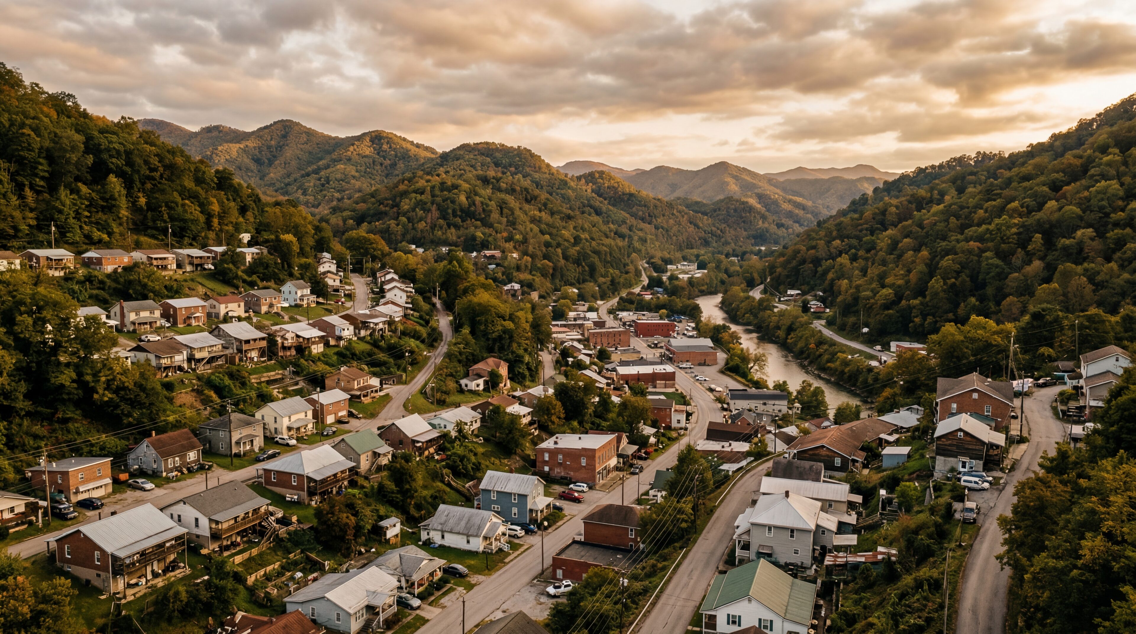 Small Appalachian town in a valley in Hazard Kentucky, coal country, modest houses on steep hillsides, cloudy afternoon light