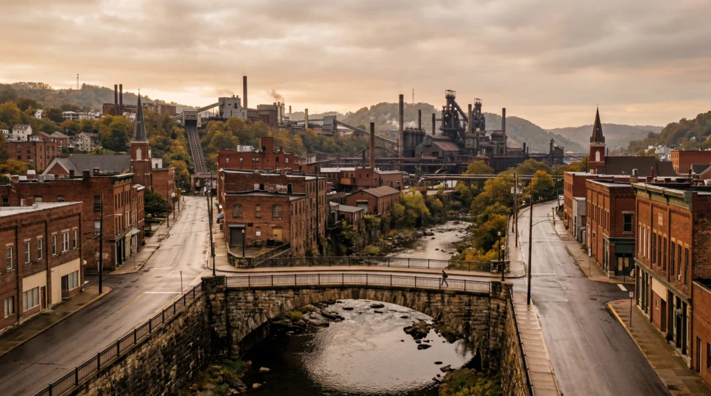 Old stone bridge over a creek in downtown Johnstown Pennsylvania, industrial town backdrop, empty streets, overcast sky