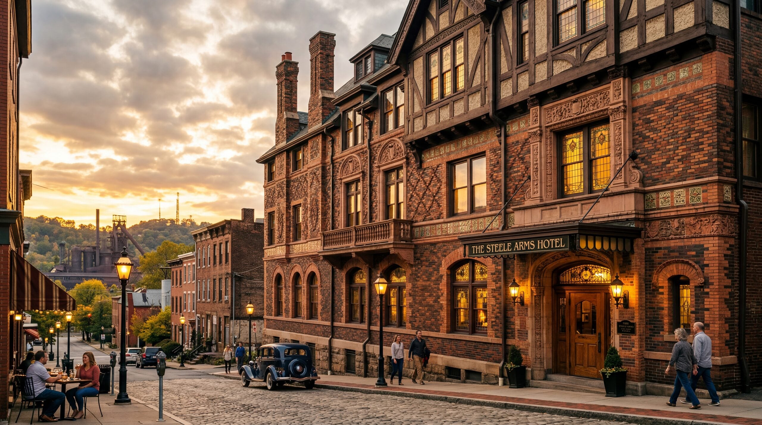 Restored arts and crafts style historic hotel in a Pennsylvania steel town with ornate brick facade, warm editorial travel photography, golden hour, photorealistic, no text, no watermark, 16:9