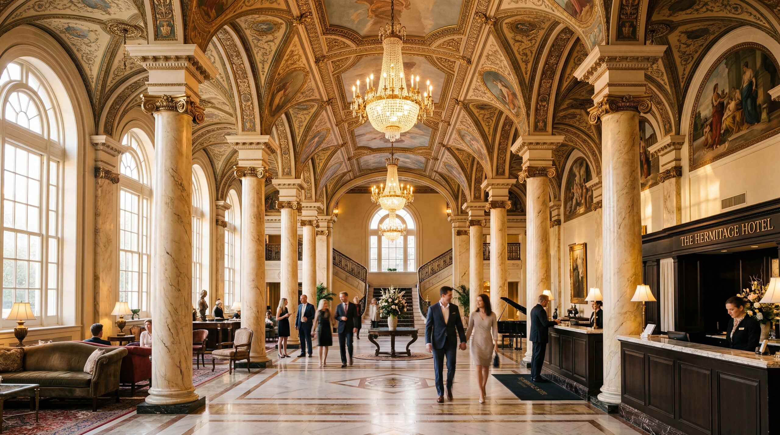 Beaux-Arts grand hotel lobby in Nashville Tennessee with marble columns and painted ceiling, warm editorial travel photography, golden hour, photorealistic, no text, no watermark, 16:9