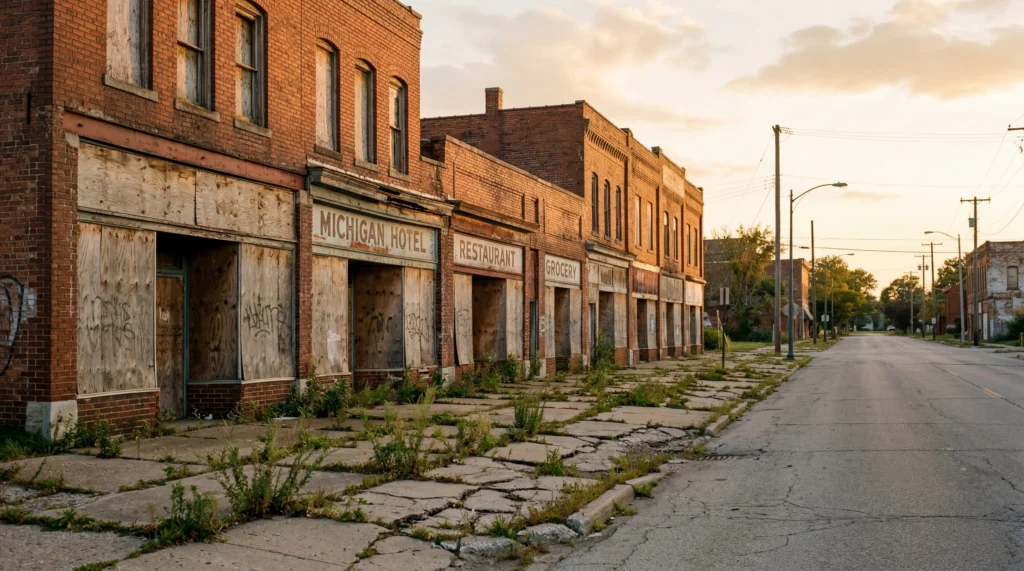 Row of boarded-up brick storefronts in downtown Benton Harbor Michigan, cracked sidewalk, weeds growing through pavement