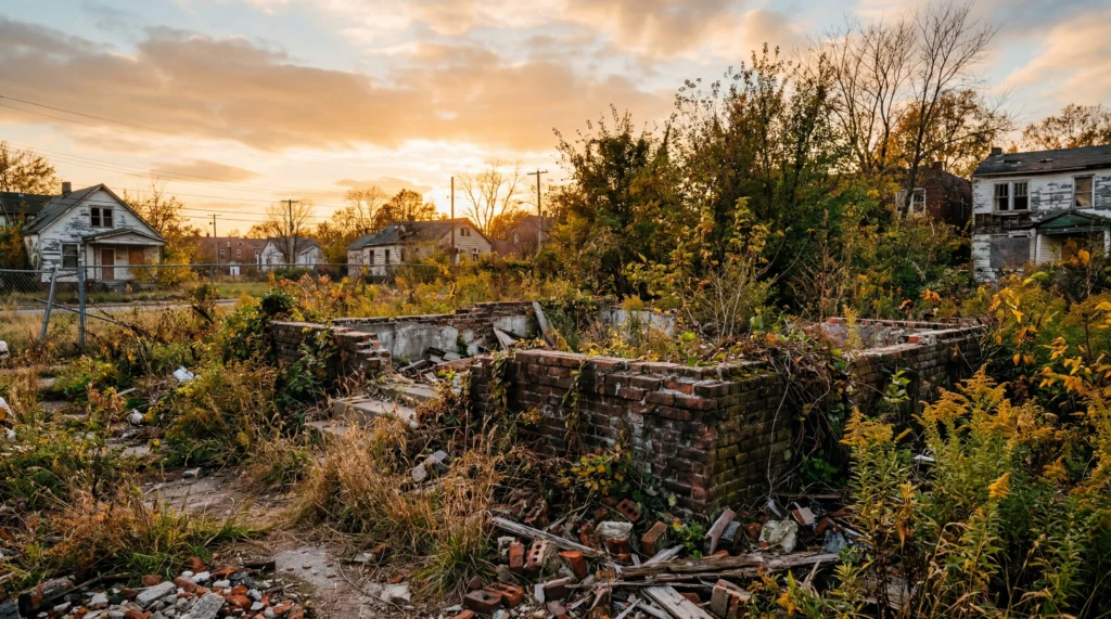 Overgrown vacant lot in East St. Louis Illinois with crumbling brick foundations visible, urban decay, late afternoon light