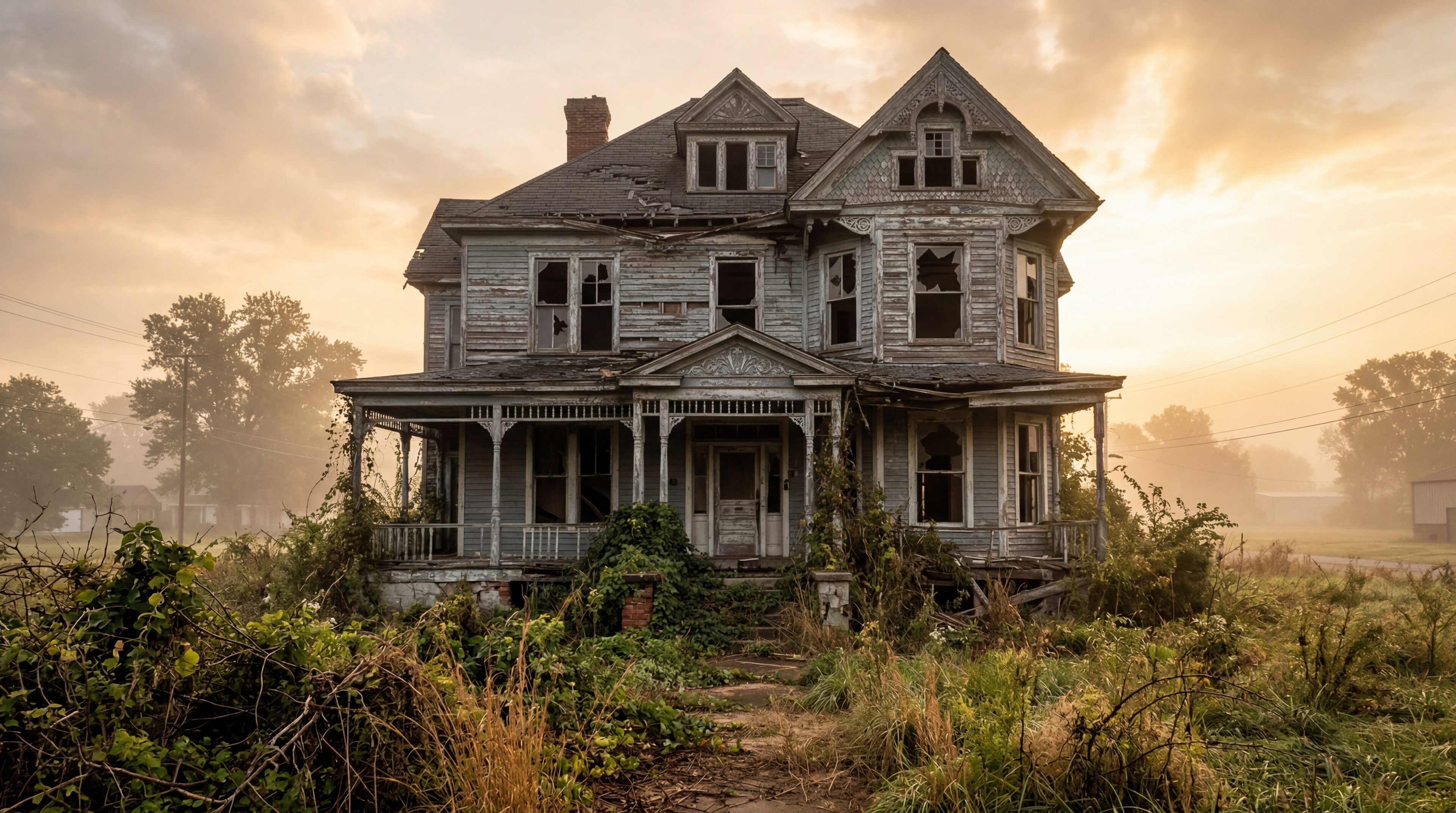 Abandoned two-story Victorian house in Cairo Illinois, peeling paint, broken windows, overgrown front yard, fog in background