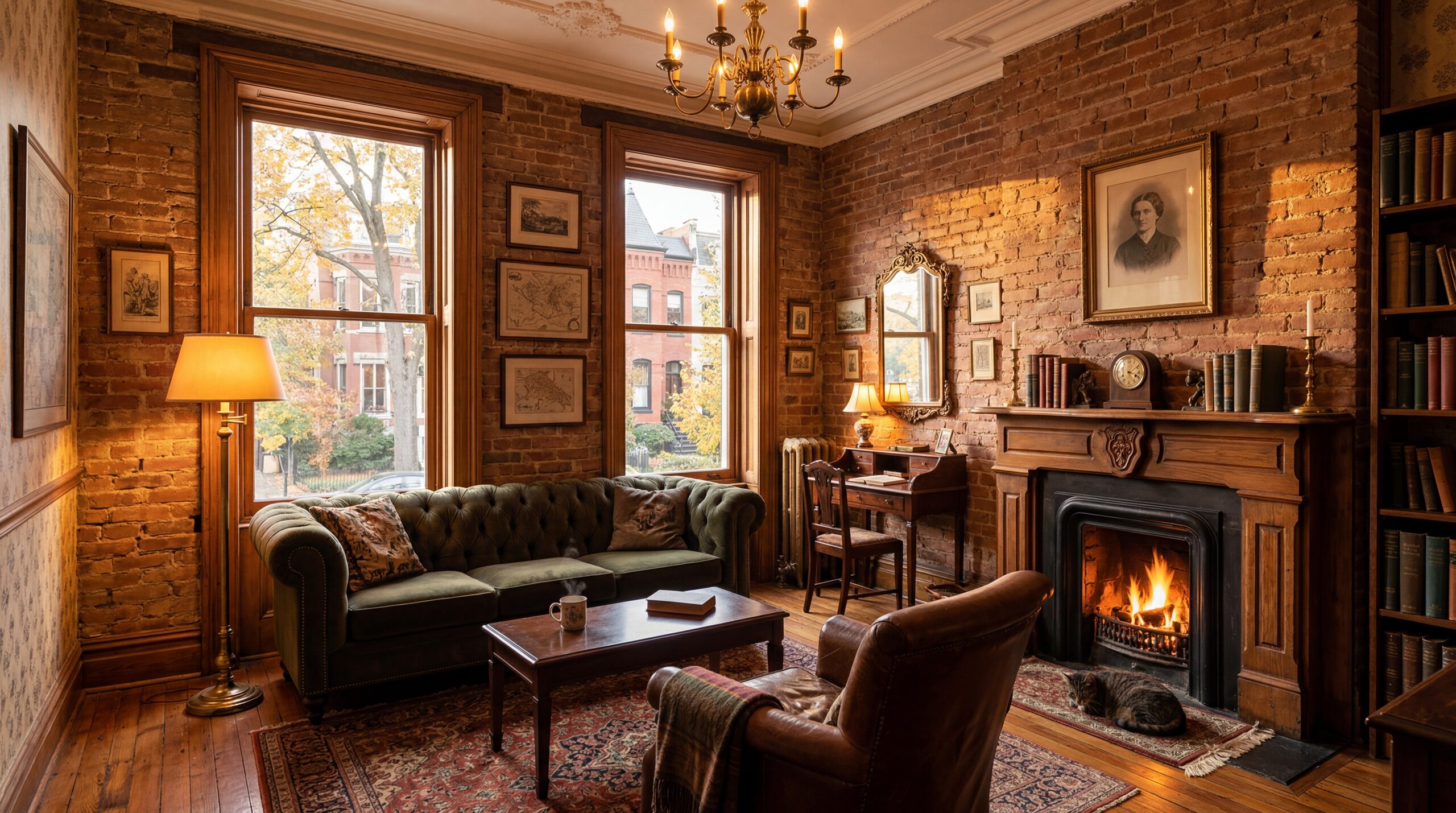 Cozy Victorian rowhouse inn in Washington DC with exposed brick walls and antique decor, warm editorial travel photography, golden hour, photorealistic, no text, no watermark, 16:9
