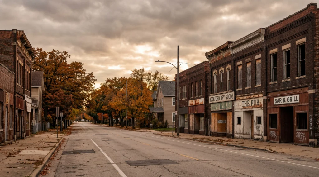 Empty street in a declining neighborhood in Rockford Illinois, closed businesses, autumn trees, overcast sky