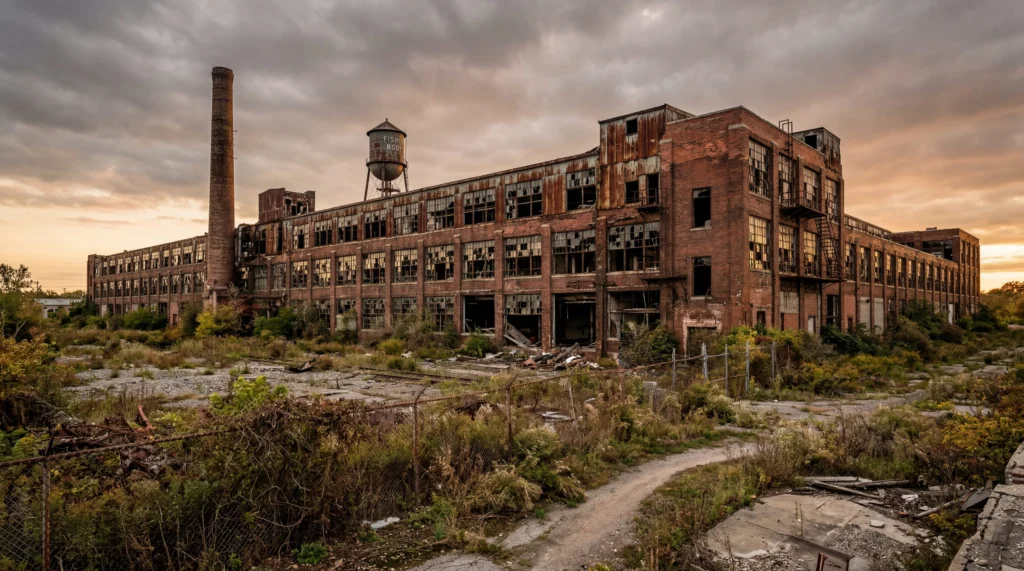 Abandoned auto factory building in Saginaw Michigan, broken windows, rusted exterior, overgrown grounds, grey sky
