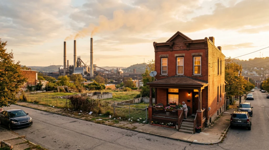 Row of vacant lots and a single occupied brick rowhouse in Braddock Pennsylvania, industrial smokestacks visible in distance, afternoon light