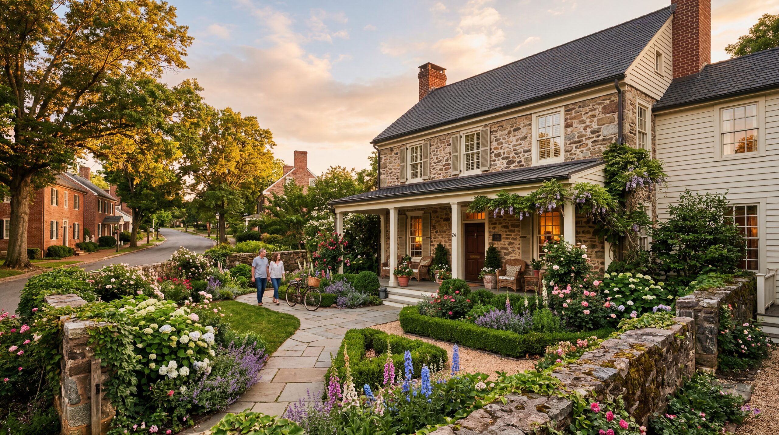Elegant country inn facade in a small Virginia village with lush garden and stone walls, warm editorial travel photography, golden hour, photorealistic, no text, no watermark, 16:9