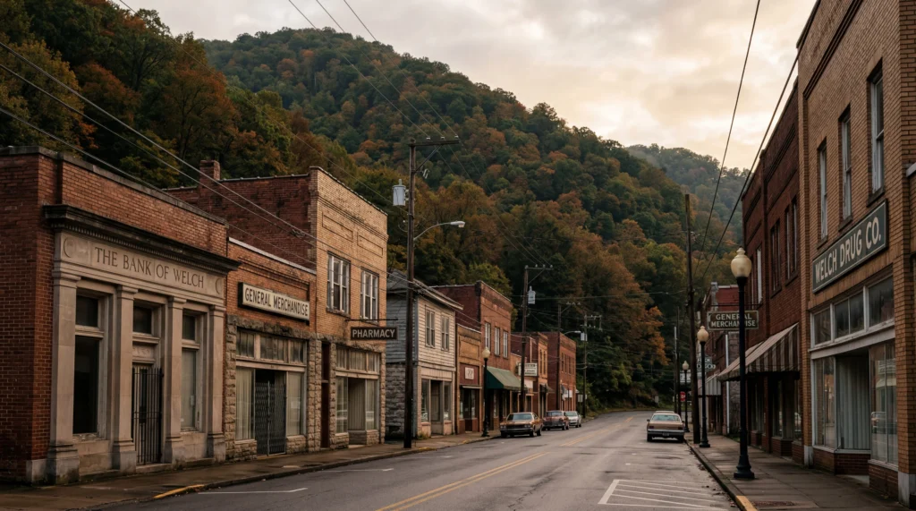 Small downtown street in Welch West Virginia, closed storefronts, steep wooded hillsides visible behind buildings, quiet overcast morning