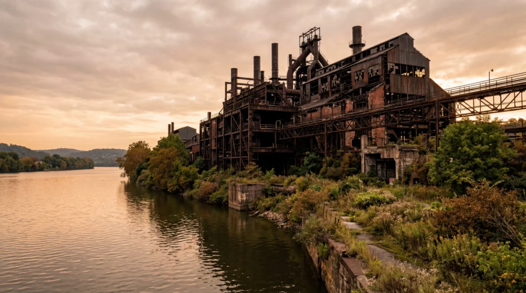 Derelict steel mill building along a riverbank in Aliquippa Pennsylvania, rusted structure, weeds growing at base, overcast sky