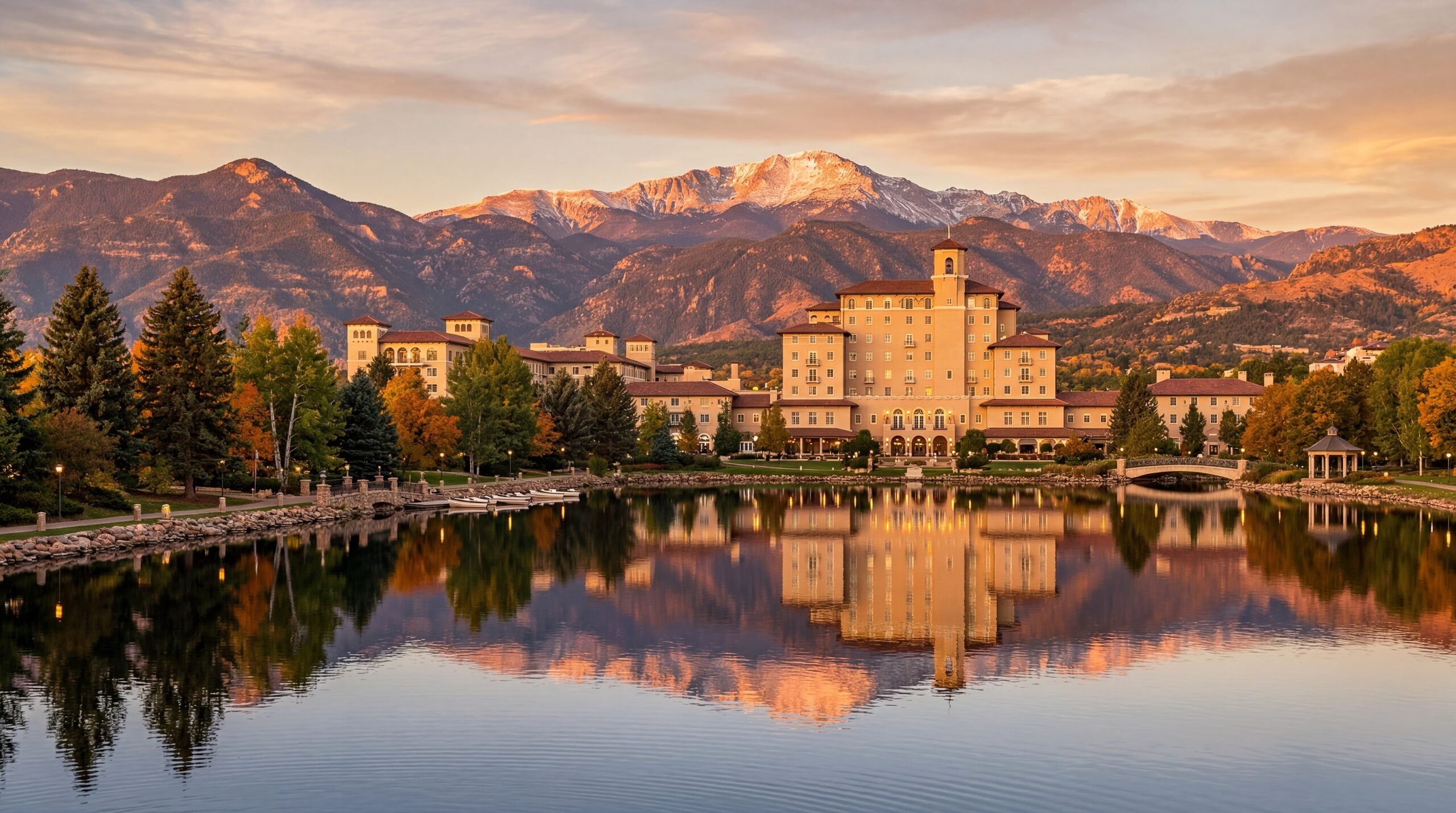 Grand resort hotel complex reflected in a lake with Pikes Peak in the background in Colorado Springs, warm editorial travel photography, golden hour, photorealistic, no text, no watermark, 16:9