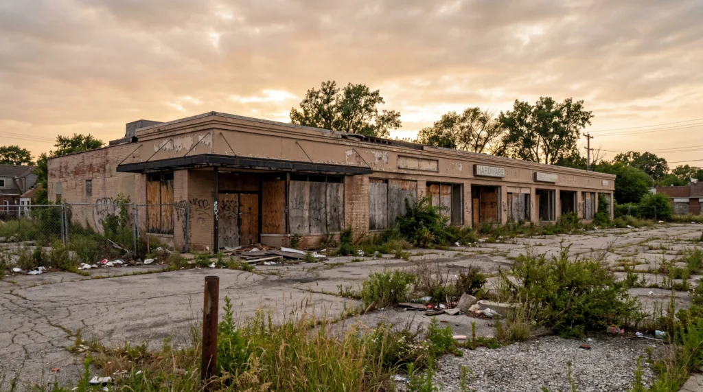 Abandoned single-story commercial building in Harvey Illinois with boarded windows, overgrown parking lot, faded paint, overcast day
