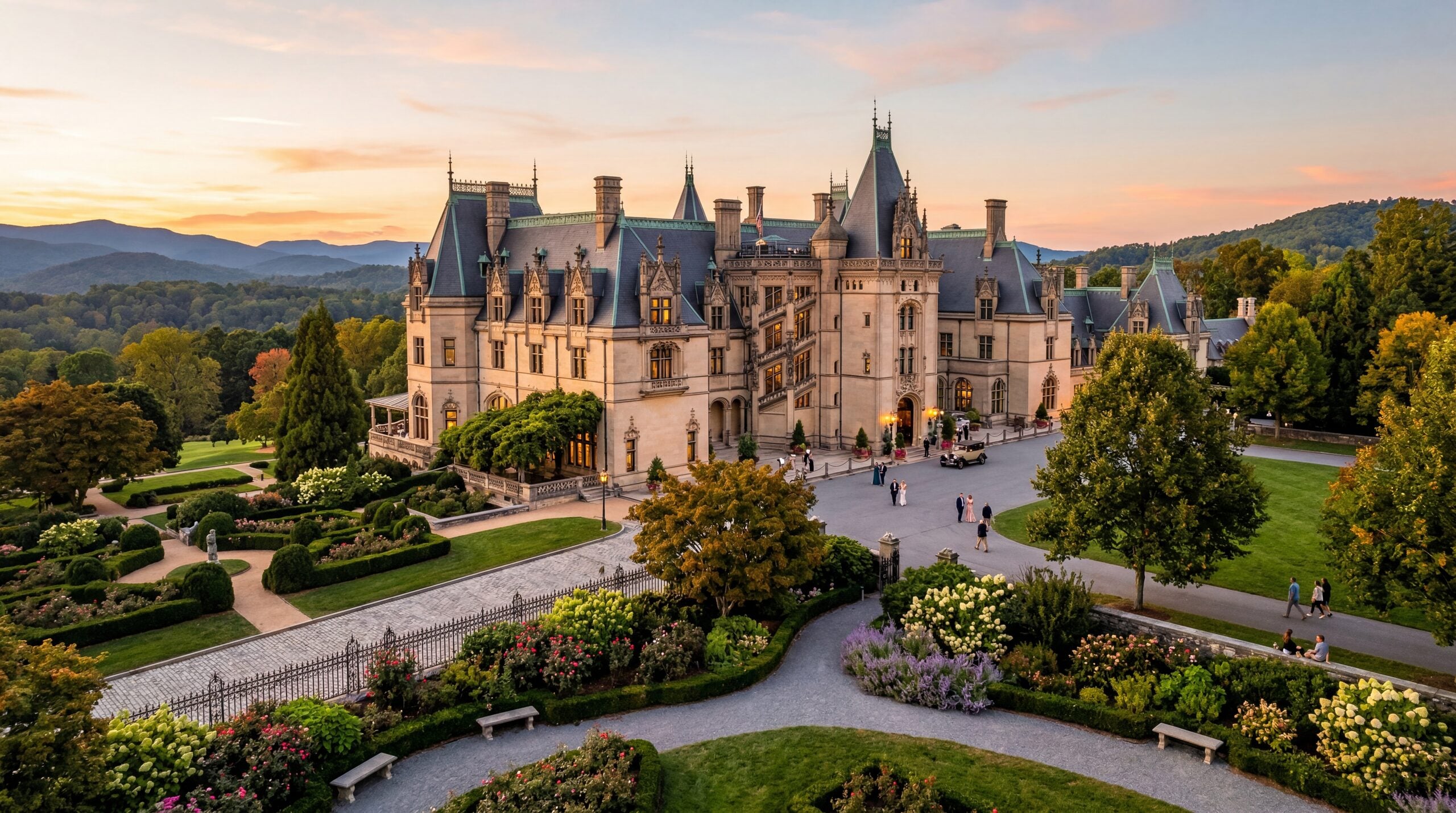 French Renaissance chateau style inn at Biltmore Estate in Asheville North Carolina surrounded by gardens, warm editorial travel photography, golden hour, photorealistic, no text, no watermark, 16:9