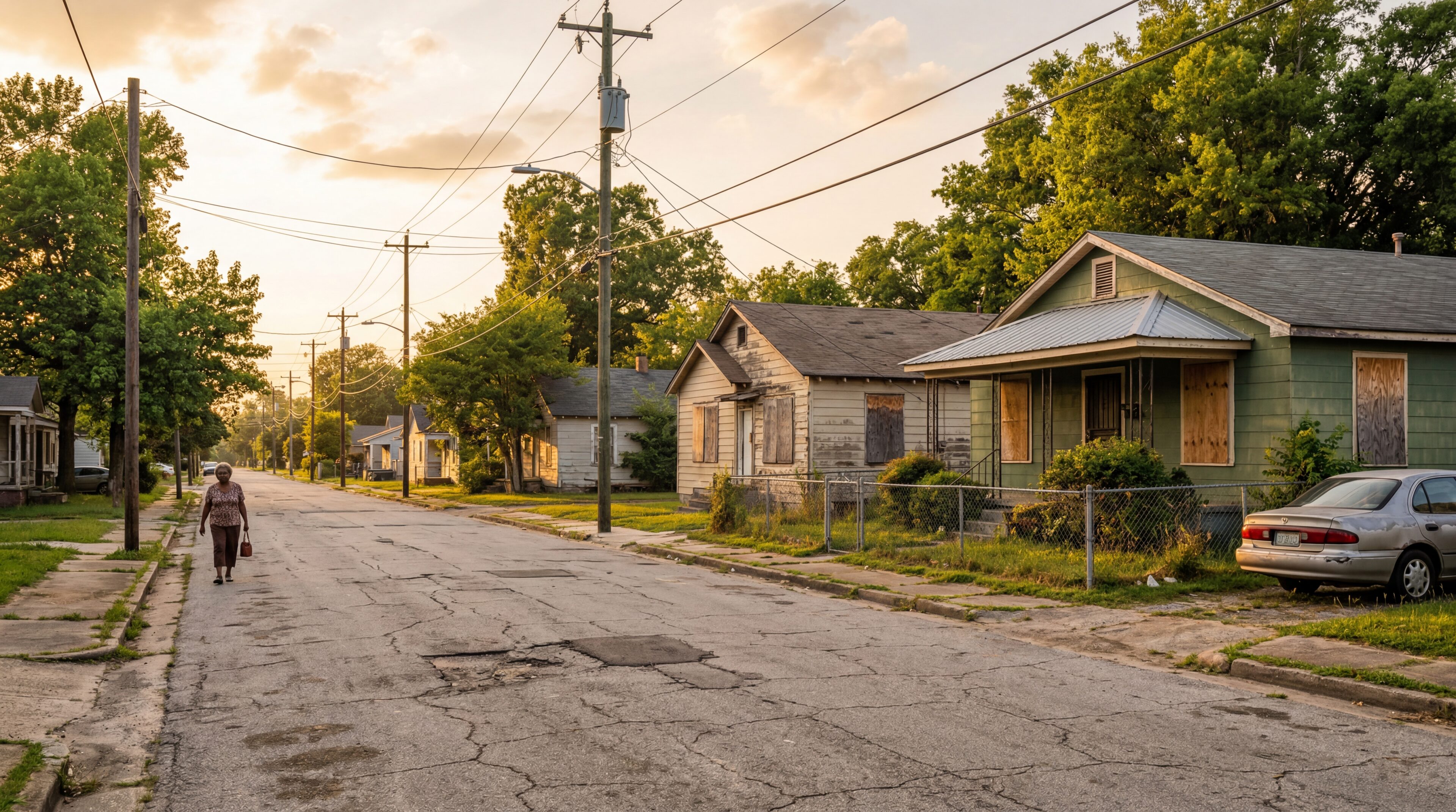 Residential street in Prichard Alabama, modest homes, some boarded windows, cracked pavement, late afternoon light