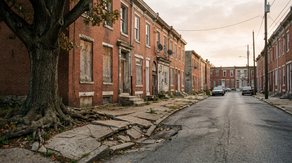 Empty street in a declining row house neighborhood in Chester Pennsylvania, boarded windows, overgrown tree roots lifting sidewalk slabs, overcast sky