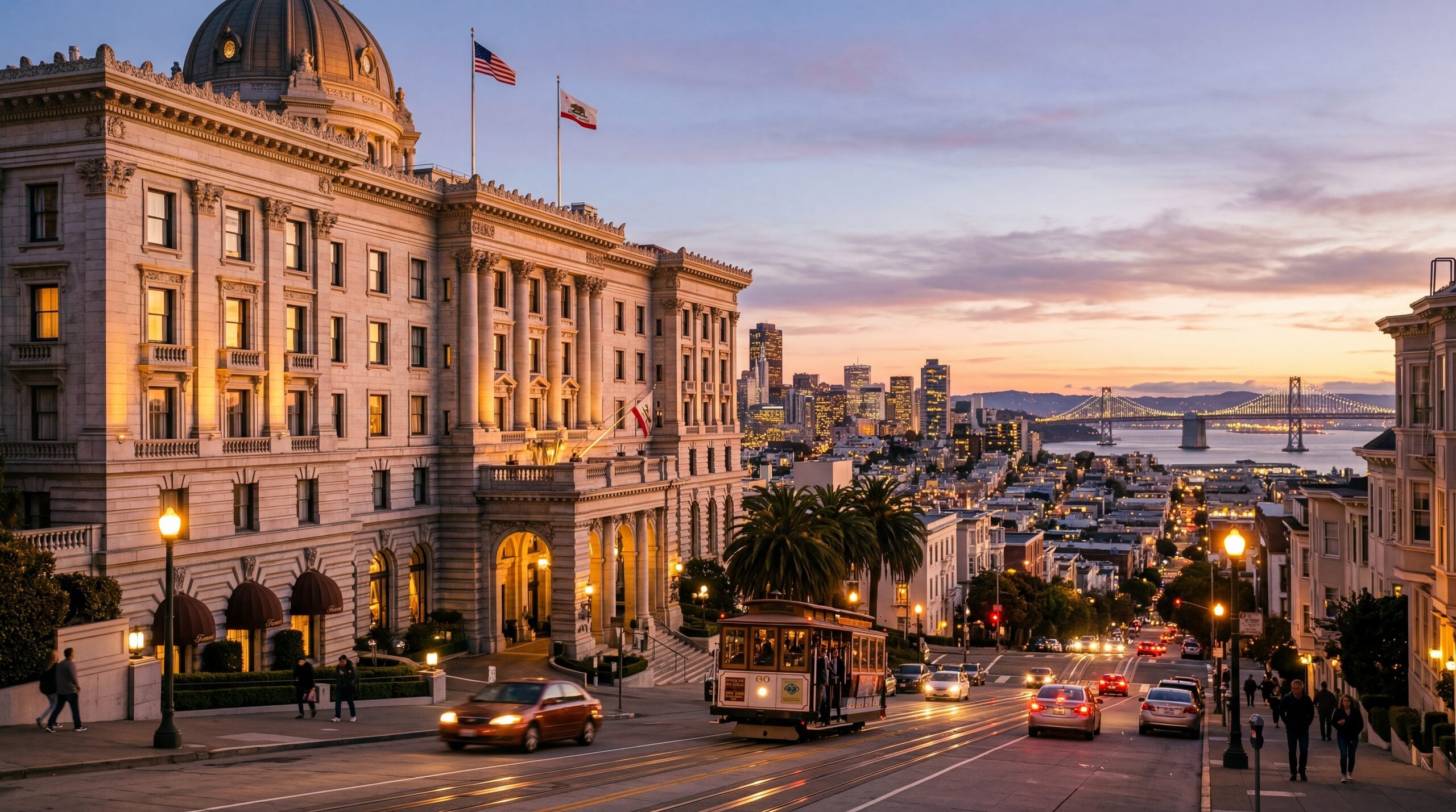 Imposing Beaux-Arts hotel on Nob Hill in San Francisco with city views at dusk, warm editorial travel photography, golden hour, photorealistic, no text, no watermark, 16:9
