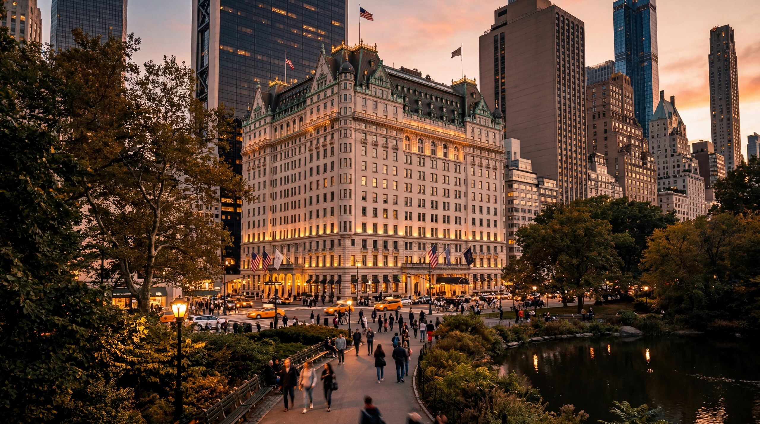 Iconic limestone and terracotta hotel on Central Park South in New York City at twilight, warm editorial travel photography, golden hour, photorealistic, no text, no watermark, 16:9