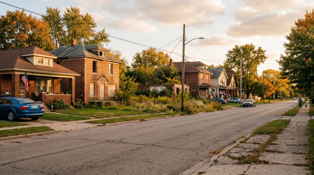 Residential street in Flint Michigan, mix of occupied and vacant brick homes, overgrown lots where houses once stood, late afternoon golden light