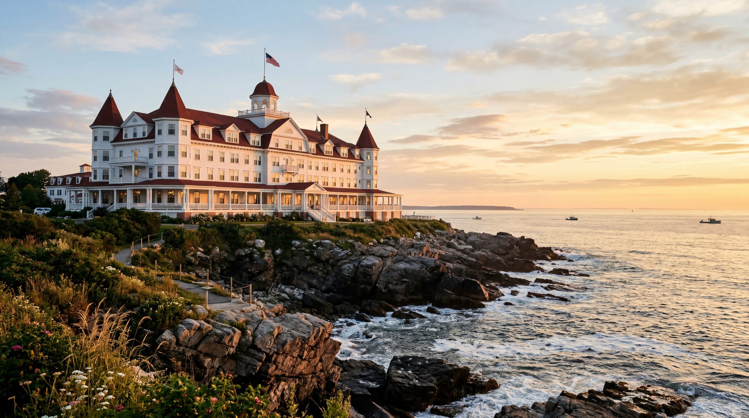 Grand white Victorian seaside hotel on a rocky New Hampshire coastline overlooking the Atlantic Ocean, warm editorial travel photography, golden hour, photorealistic, no text, no watermark, 16:9