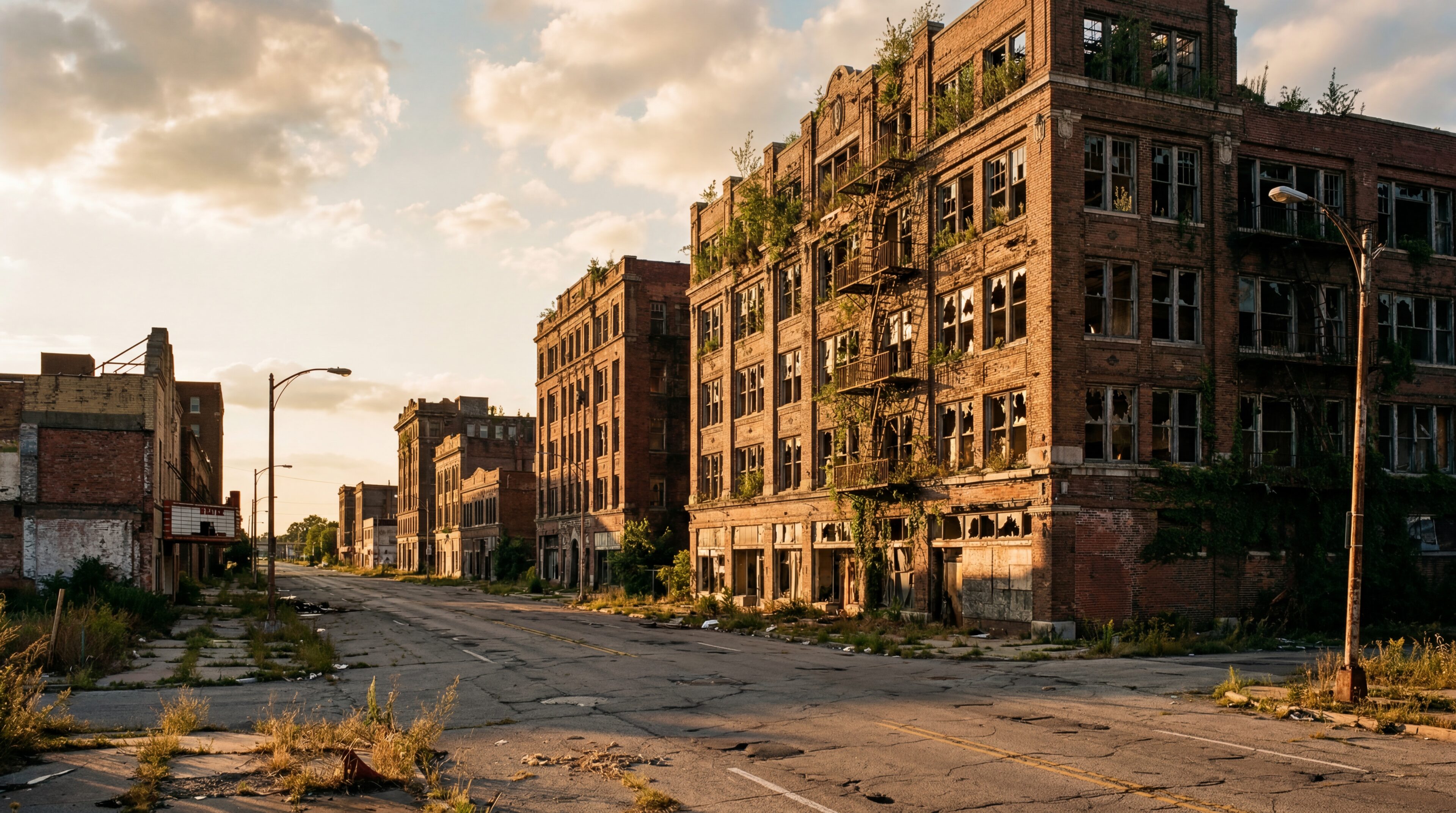 Wide shot of derelict multi-story brick buildings on an empty street in Gary Indiana