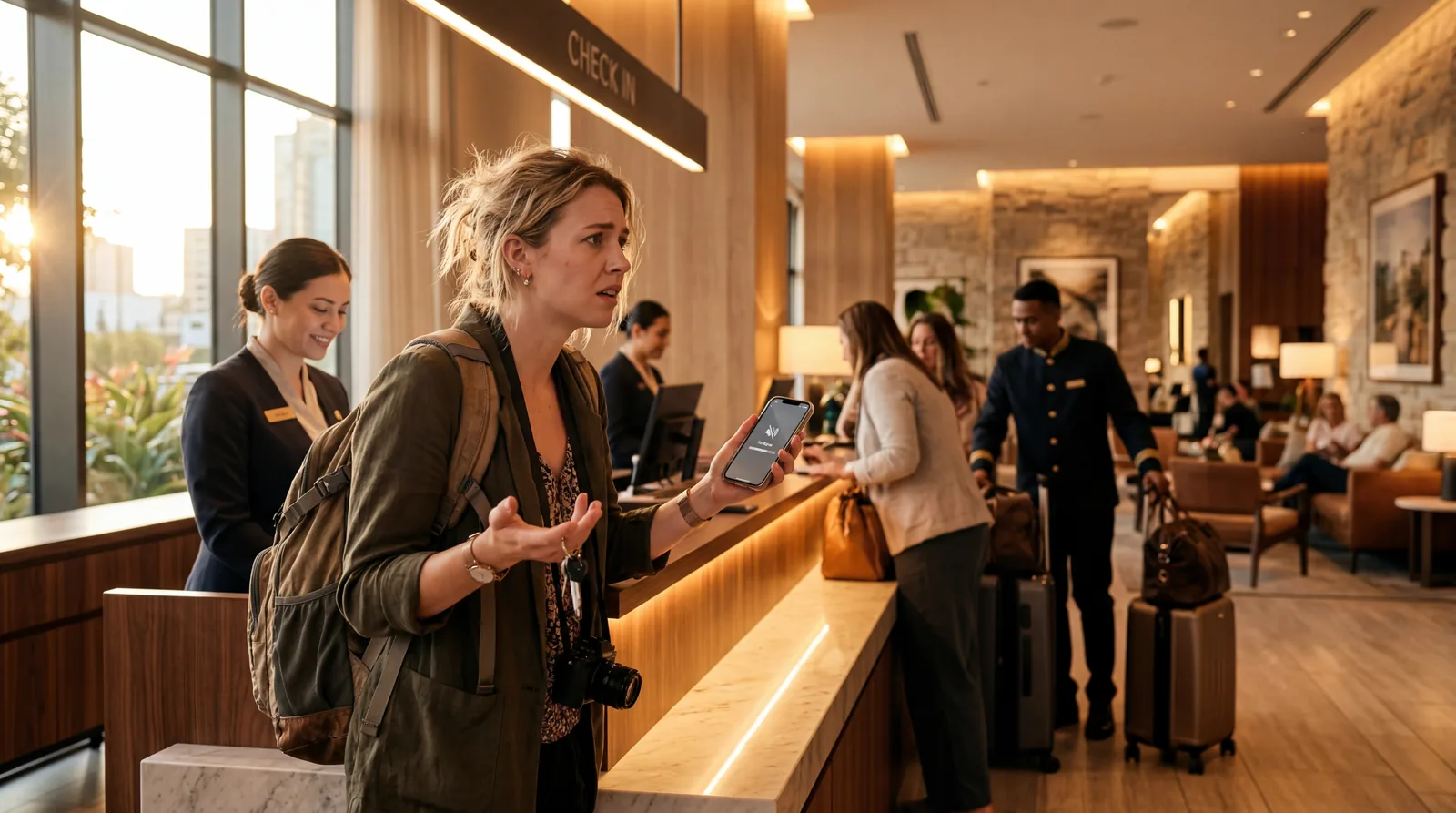 Flustered American tourist at a hotel front desk looking confused, holding a phone with no signal, modern lobby, soft lighting, warm editorial travel photography, golden hour, photorealistic, no text, no watermark, 16:9
