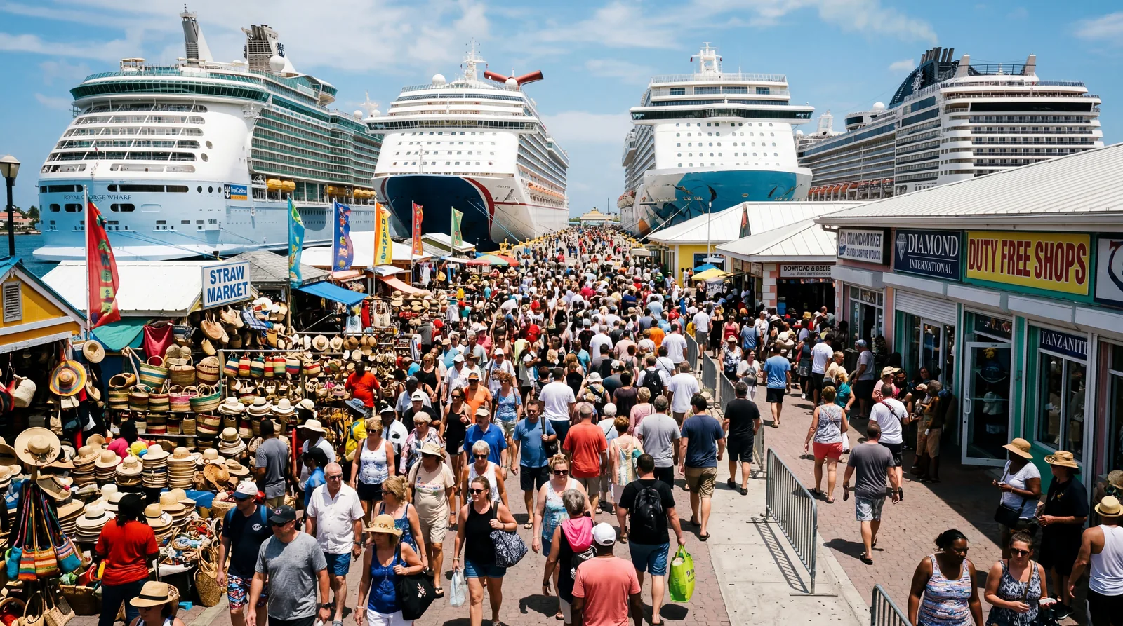 Overcrowded Nassau Bahamas cruise port, massive cruise ships docked, tourist crowds funnelled through Straw Market, duty-free shops, harsh midday sun, documentary travel photography, photorealistic, no text, no watermark, 16:9