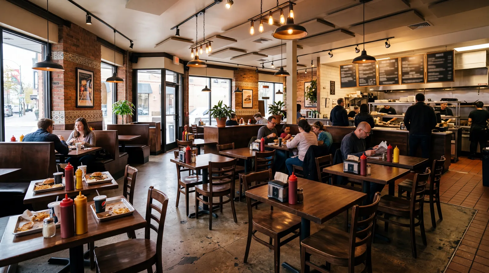 A fast-casual burger restaurant with a half-empty dining room, overhead lighting, ketchup bottles on tables, photorealistic, no text, no watermark, 16:9