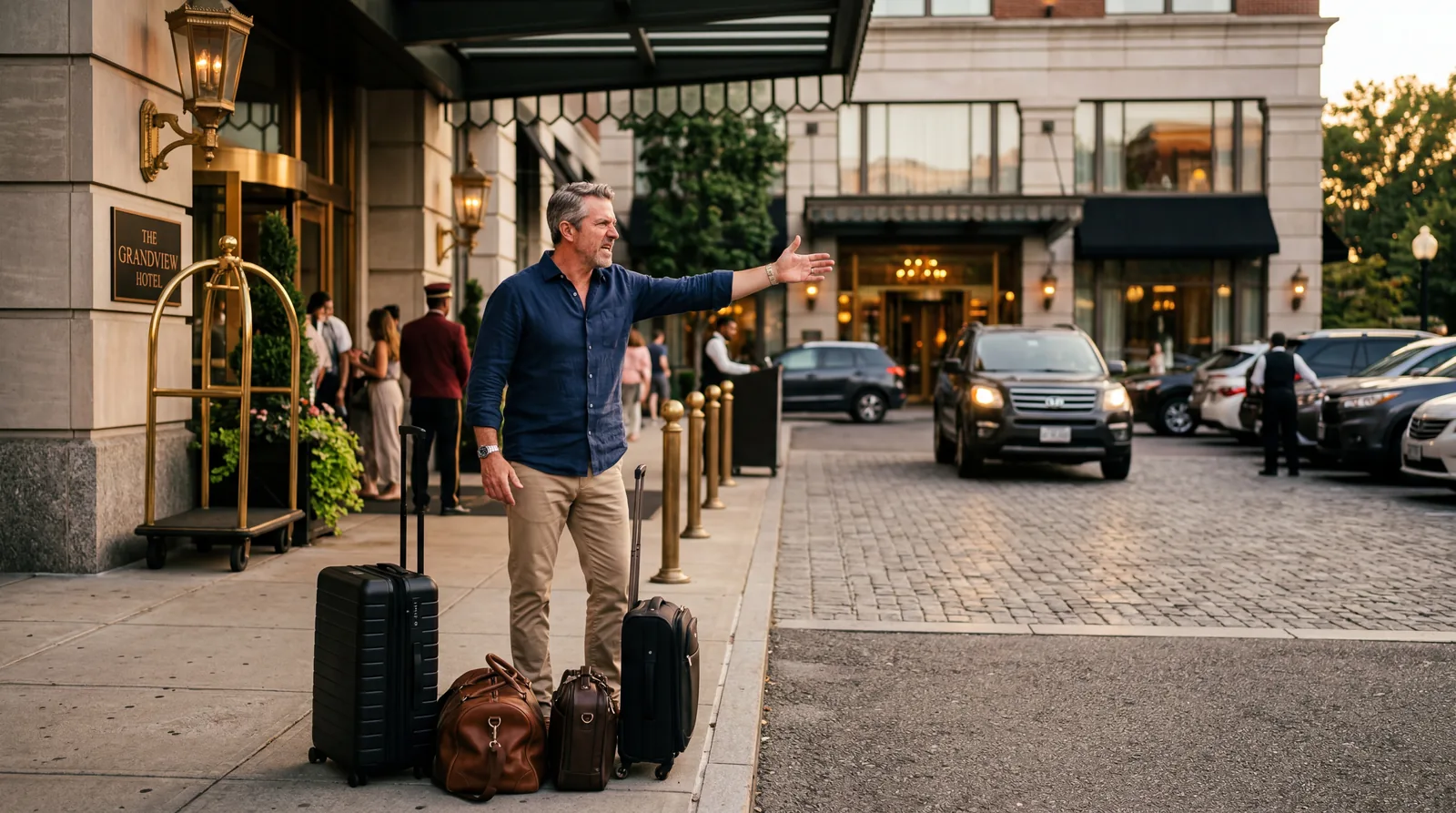 Irritated middle-aged American man gesturing toward a hotel parking lot, luggage on the sidewalk, luxury hotel entrance, warm editorial travel photography, photorealistic, no text, no watermark, 16:9