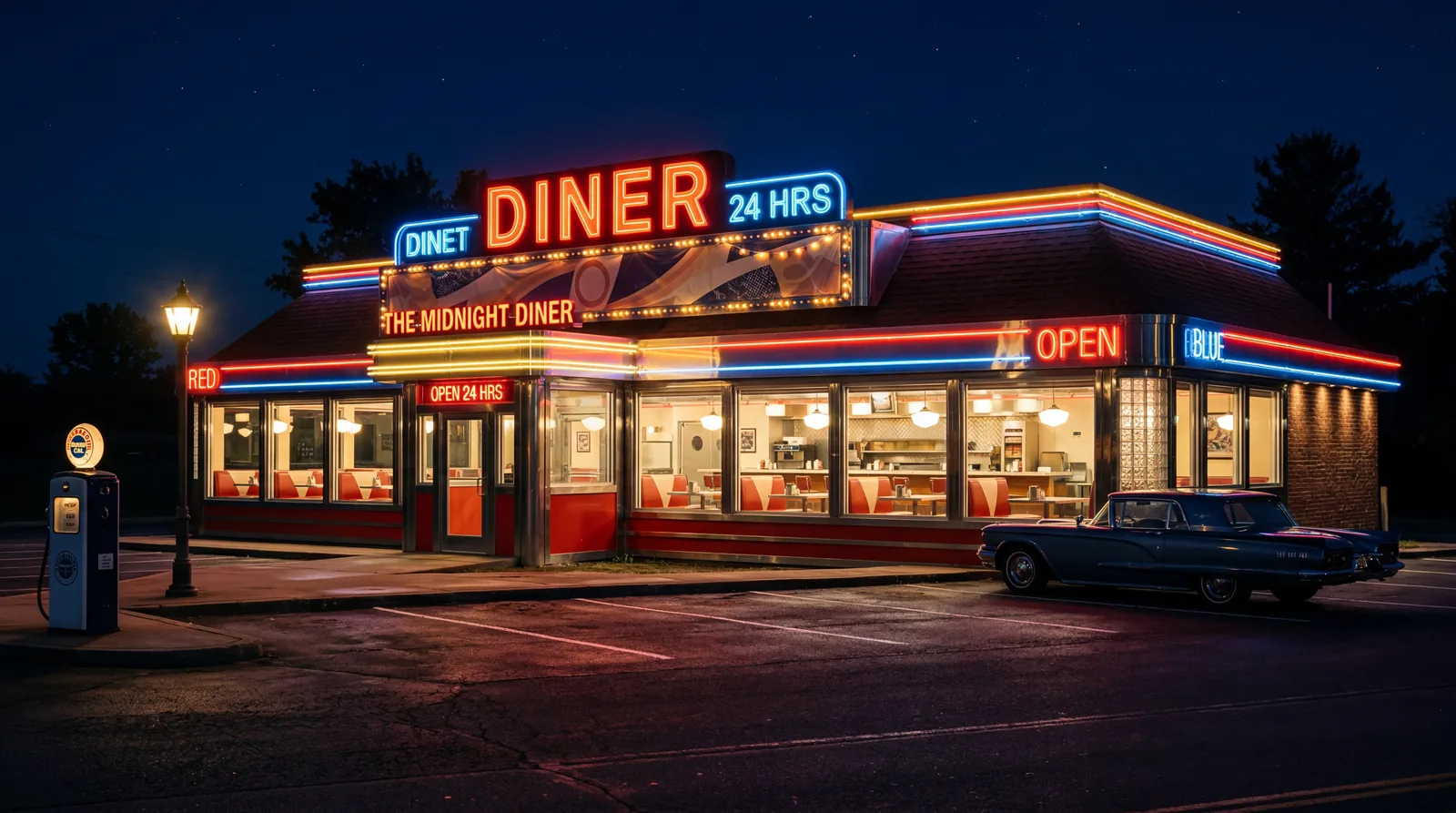 A classic American roadside diner at night with neon signage glowing, empty booths visible through large windows, photorealistic, no text, no watermark, 16:9
