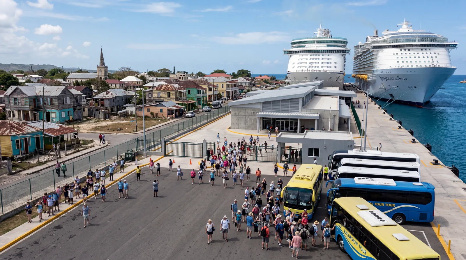 Falmouth Jamaica cruise pier, massive purpose-built cruise terminal, sparse underdeveloped town behind the gates, tourists on bus tours to resort excursions, documentary travel photography, photorealistic, no text, no watermark, 16:9