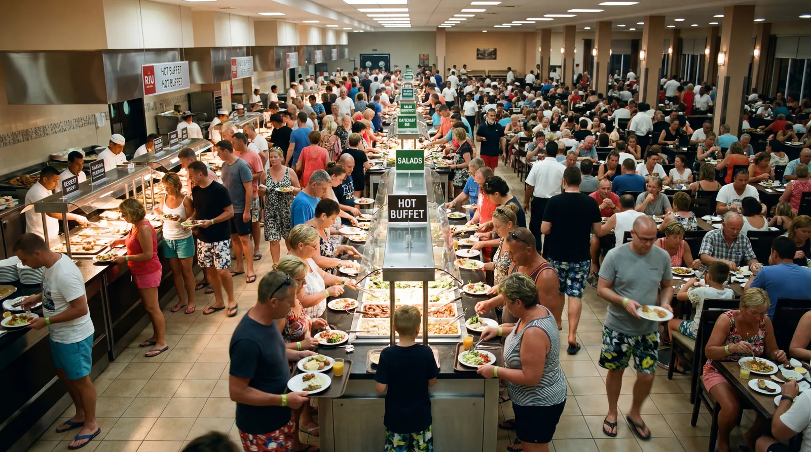 Realistic editorial photo of Caribbean all-inclusive buffet entrance with wristbands, reservation desk, and guests waiti