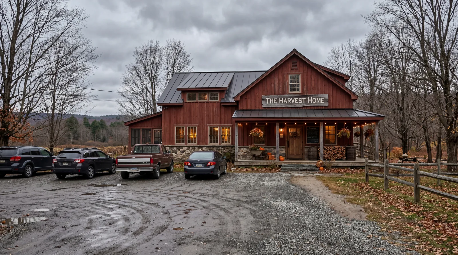 A rustic farm-style American restaurant exterior with a gravel parking lot, overcast sky, bare trees, photorealistic, no text, no watermark, 16:9