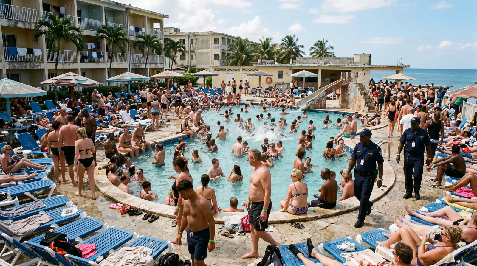 Realistic editorial photo of Caribbean restaurant bill, small cash bills, sunscreen, and resort wristband on a table, br