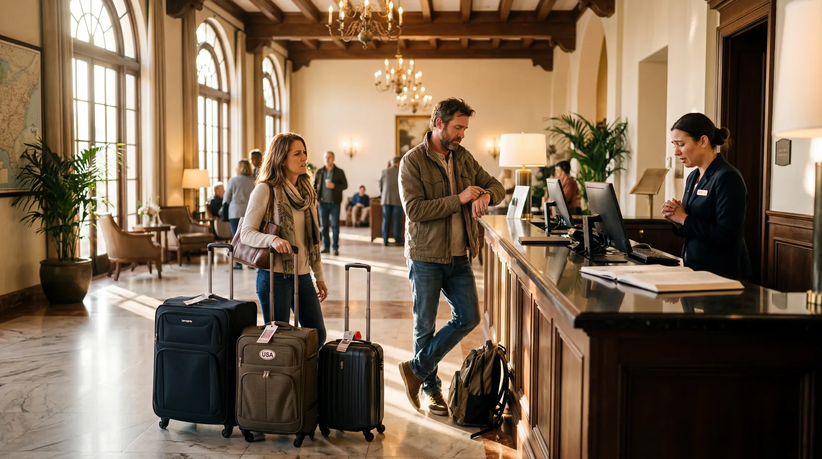 Impatient American couple with suitcases checking the time at a hotel lobby, 9am light streaming through windows, front desk agent looking apologetic, warm editorial travel photography, photorealistic, no text, no watermark, 16:9