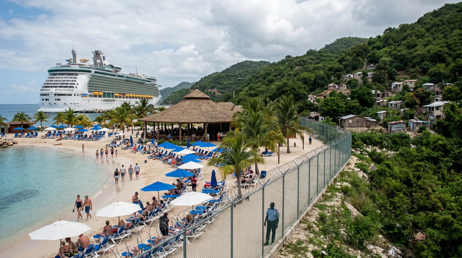 Labadee Haiti private cruise line beach resort, Royal Caribbean private compound, tourists on manufactured beach, security perimeter separating resort from local Haiti, documentary travel photography, photorealistic, no text, no watermark, 16:9