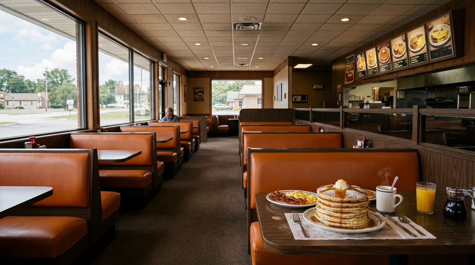 A nearly empty IHOP-style pancake restaurant interior during daytime, stacks of pancakes on a table, faded menu boards, photorealistic, no text, no watermark, 16:9
