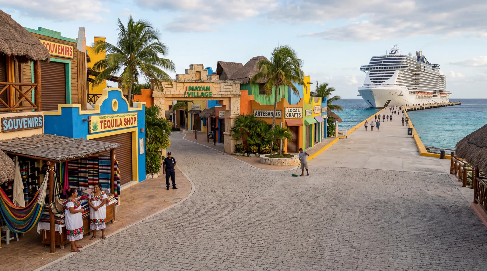 Costa Maya Mexico cruise pier, purpose-built fake Mayan village tourist complex at the dock, colourful but empty shops, few locals, documentary travel photography, photorealistic, no text, no watermark, 16:9