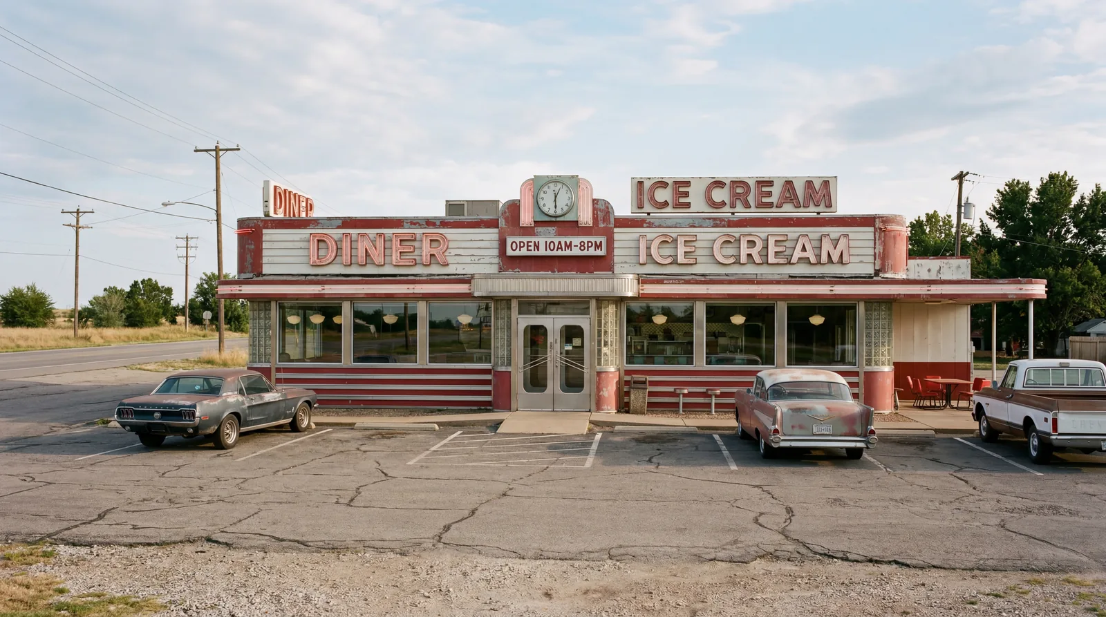 A retro American ice cream and diner restaurant with a faded red and white exterior, near-empty parking lot, photorealistic, no text, no watermark, 16:9