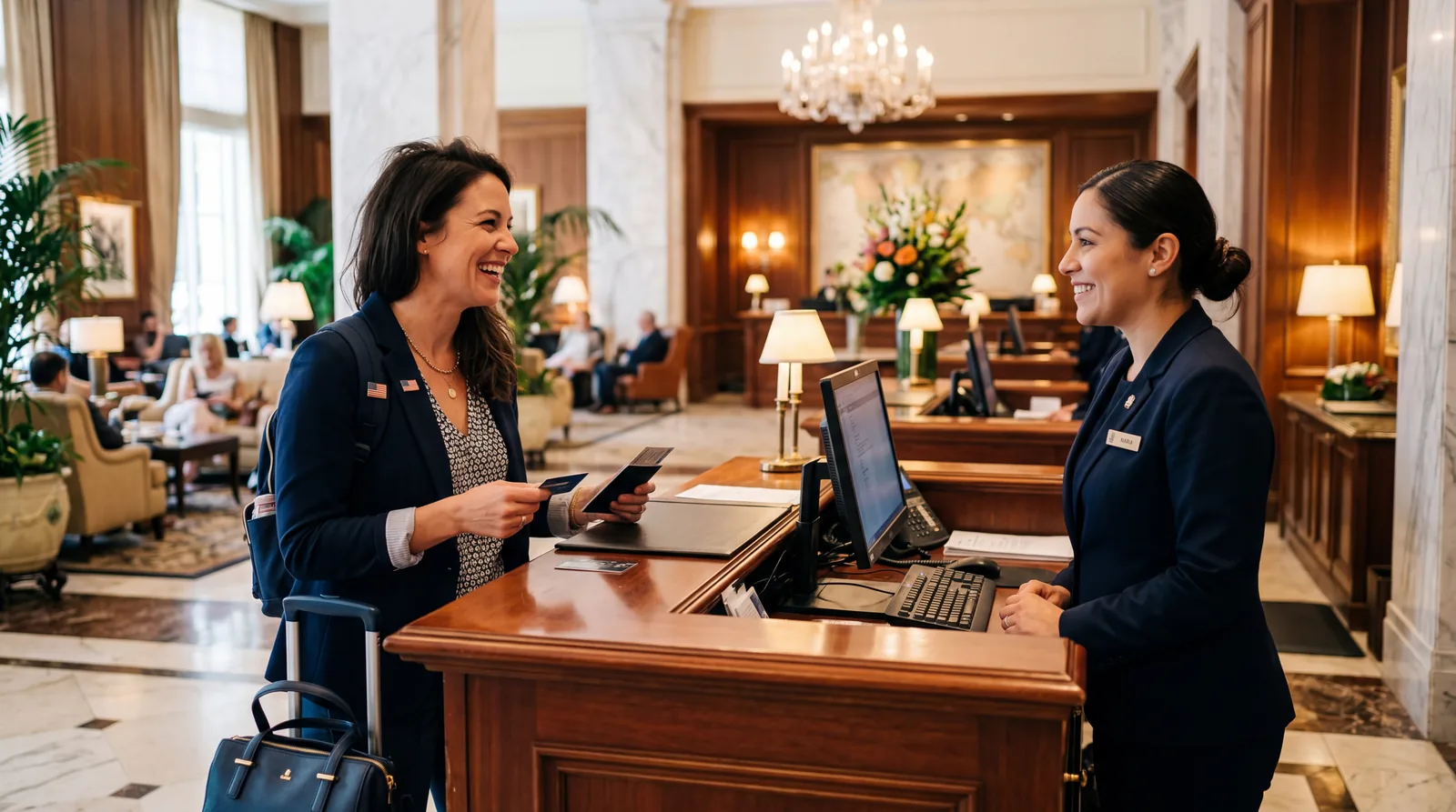 American tourist cheerfully asking hotel staff for an upgrade, front desk agent with a patient smile, upscale hotel lobby, warm editorial travel photography, photorealistic, no text, no watermark, 16:9