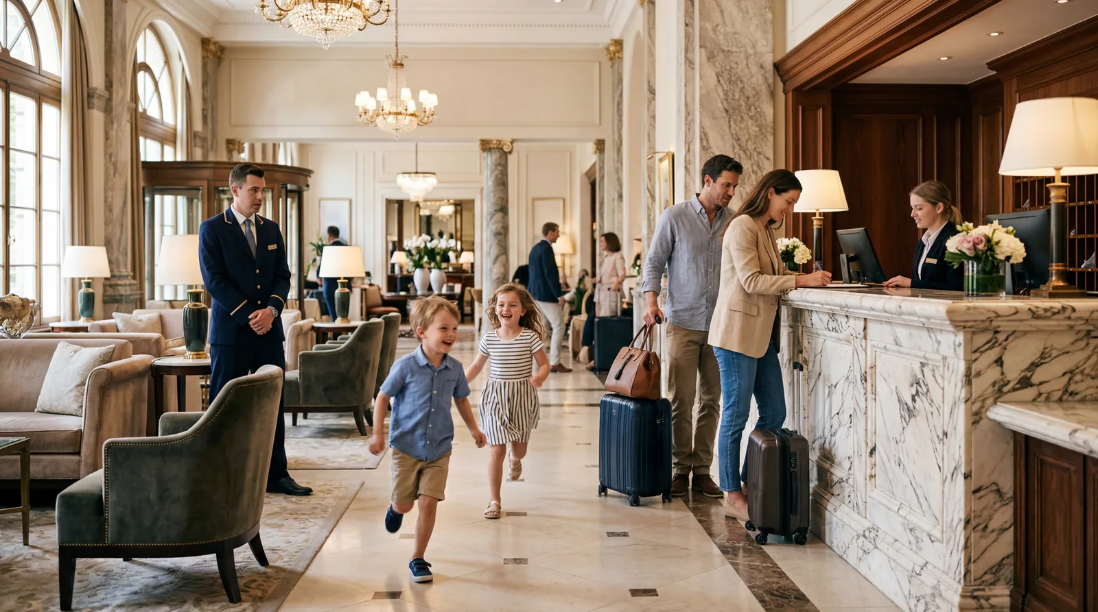 Young children running in a hotel lobby while parents check in at the front desk, staff watching nervously, upscale hotel, warm editorial travel photography, photorealistic, no text, no watermark, 16:9