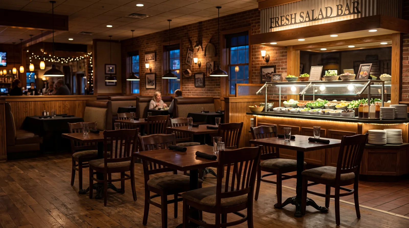 A casual American restaurant interior with a salad bar in the background, dim warm lighting, mostly empty dining room, photorealistic, no text, no watermark, 16:9