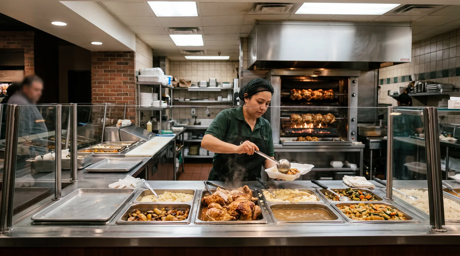 A fast-casual rotisserie chicken restaurant counter with steam trays, fluorescent overhead lighting, one employee visible, photorealistic, no text, no watermark, 16:9